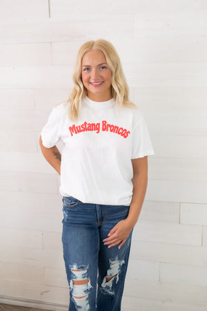 Mustang Broncos White Tee with Red Puff Letters