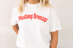 Mustang Broncos White Tee with Red Puff Letters