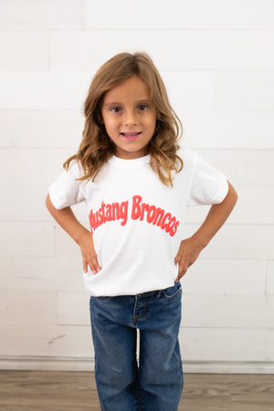 Mustang Broncos White Tee with Red Puff Letters