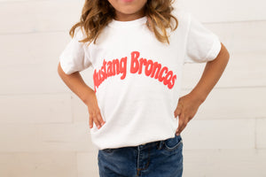 Mustang Broncos White Tee with Red Puff Letters