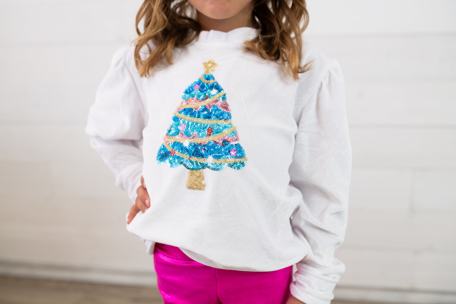 Azarhia White Velvet Christmnas Tree Sweatshirt