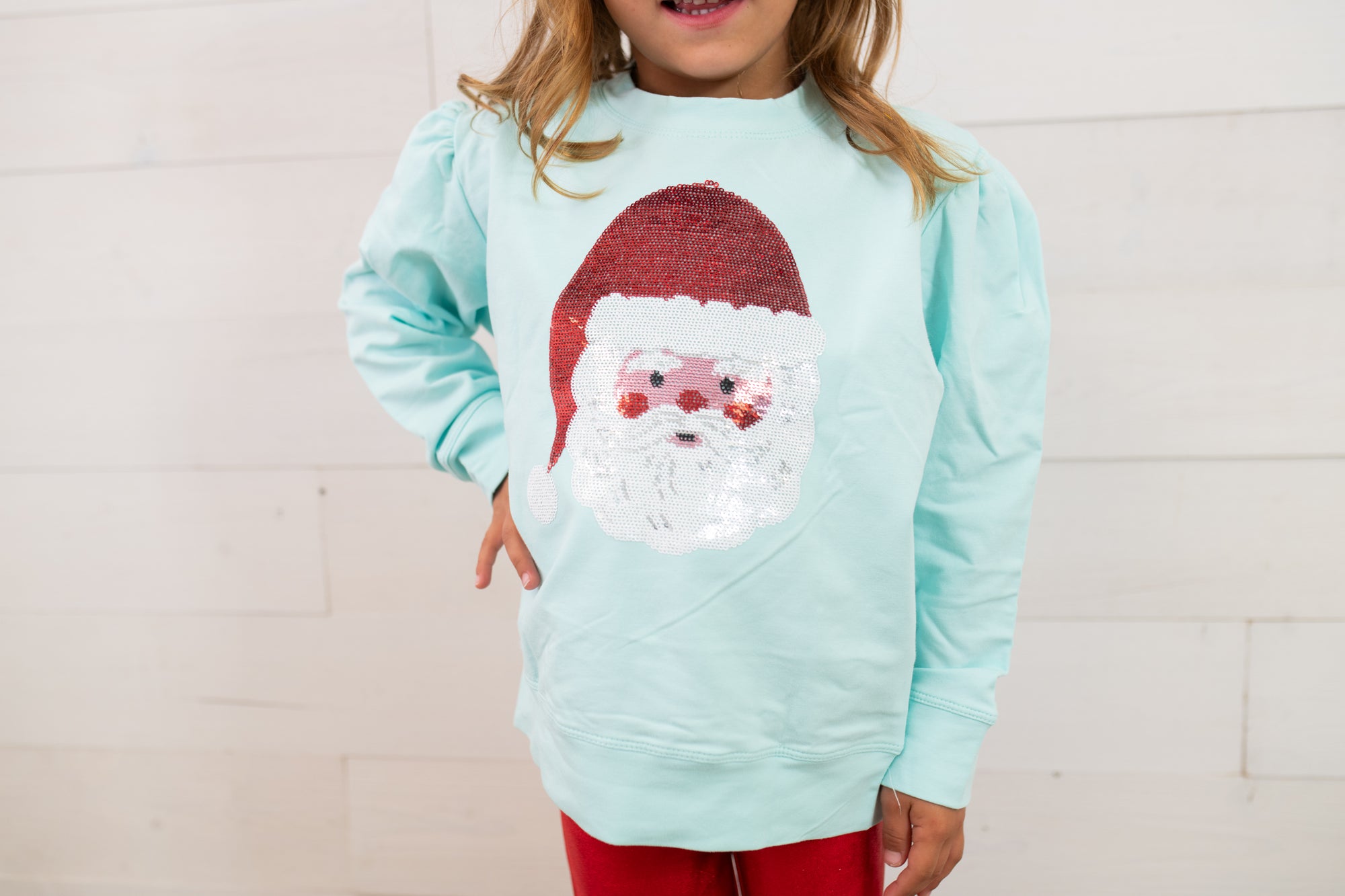 Holly Light Seafoam Sequin Santa Claus Christmas Top