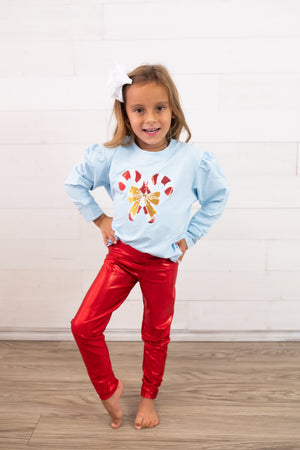 Holly Light Blue Sequin Candy Cane Christmas Top