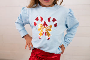 Holly Light Blue Sequin Candy Cane Christmas Top