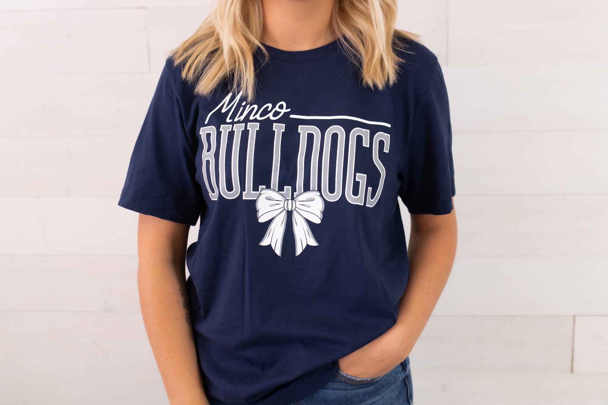 Minco Bull Dogs with a Bow Graphic Tee-Blue