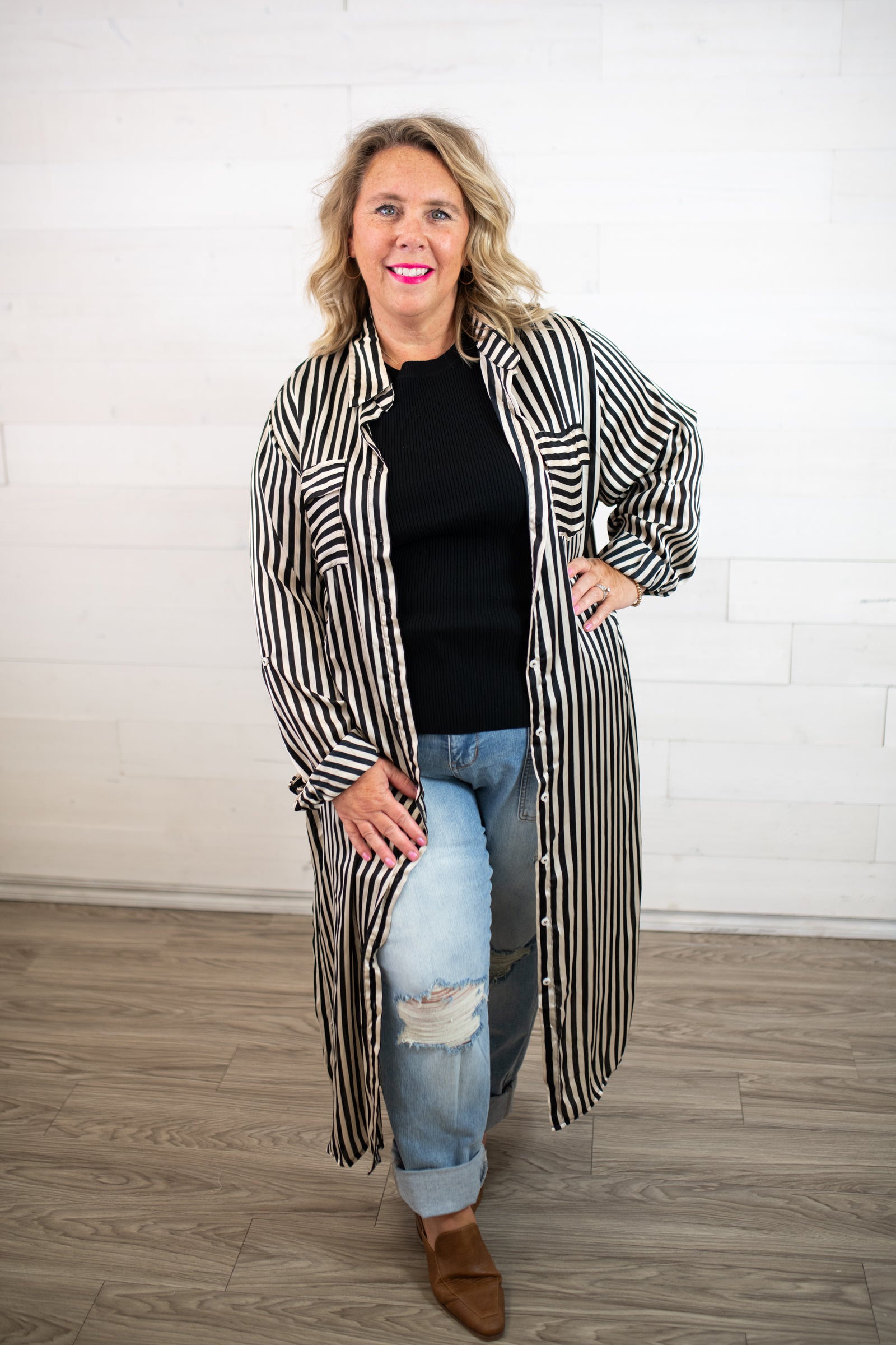 Striped Long Sleeve Button Down Midi Dress Large