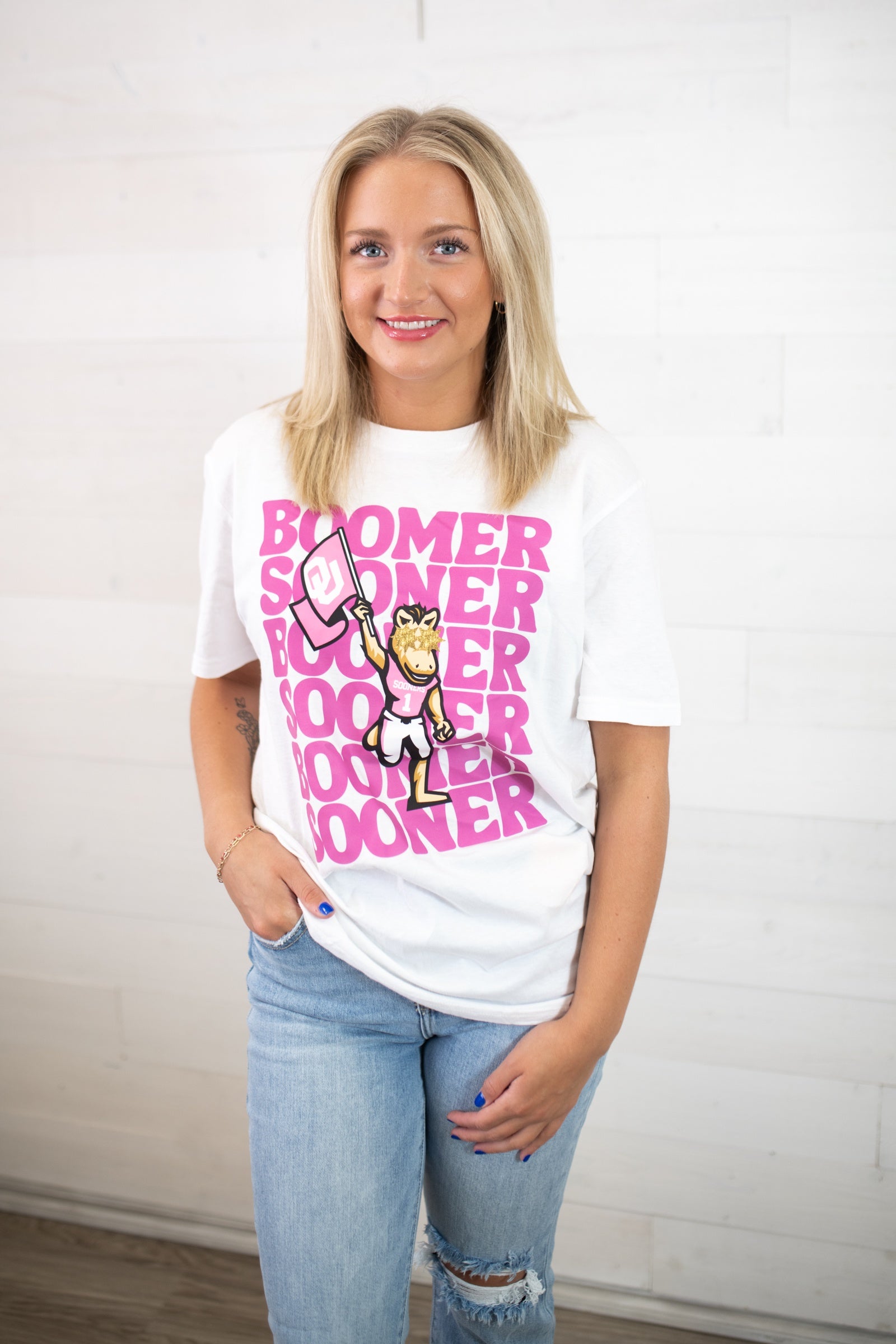 XO, Hannah OU Boomer Pink Preppy Tee-White