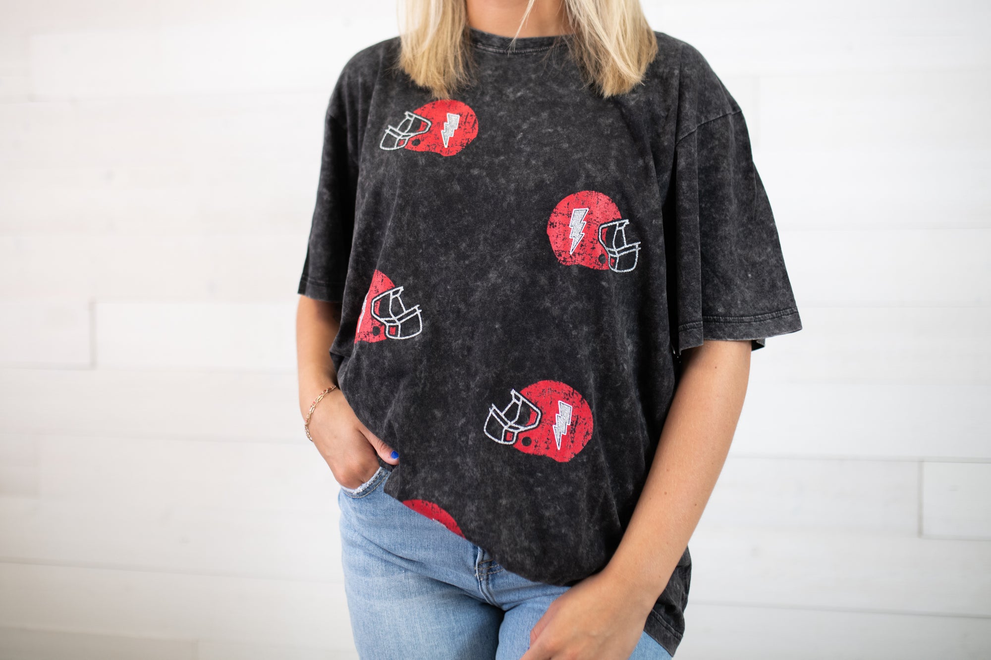 Vintage Gameday Red Helmets Graphic Tee-Black