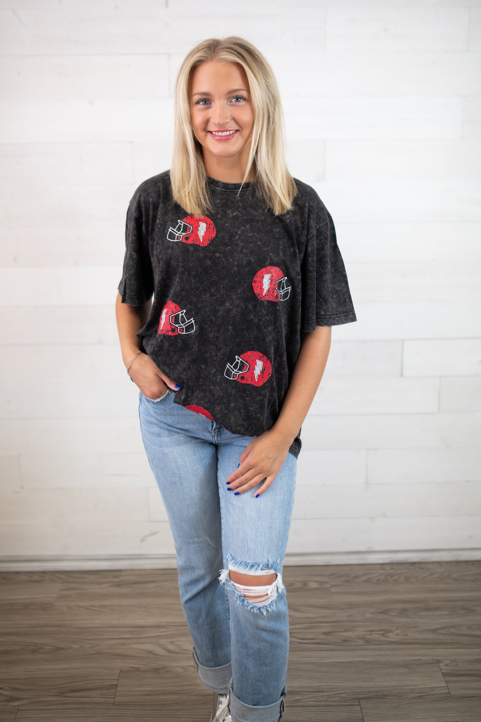 Vintage Gameday Red Helmets Graphic Tee-Black