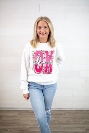 XO, Hannah Pink Leopard OK Sweatshirt-White