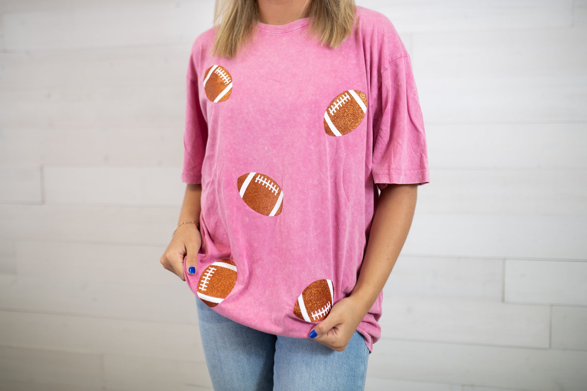 Glitter Football Graphic Tee-Pink