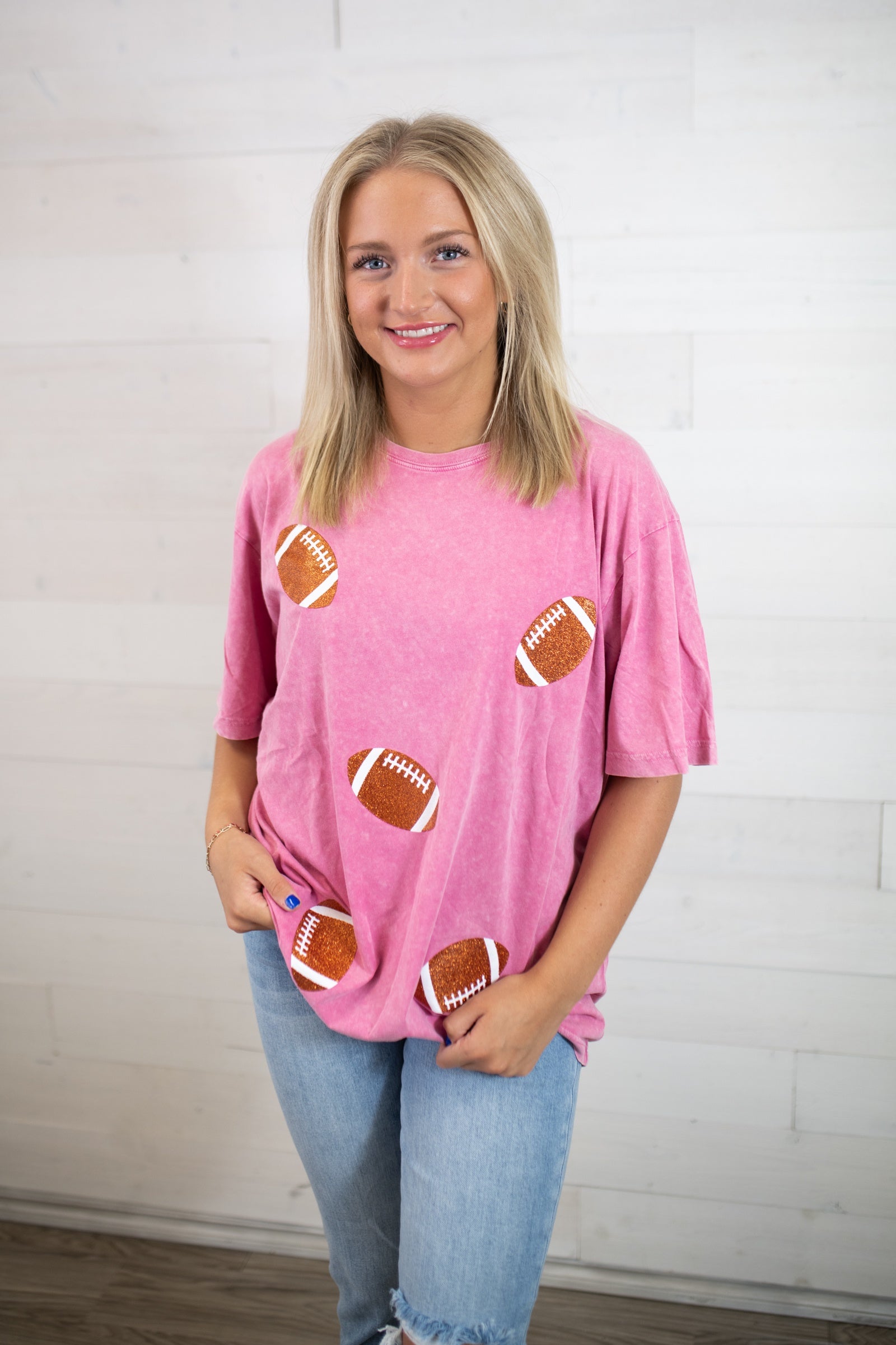 Glitter Football Graphic Tee-Pink