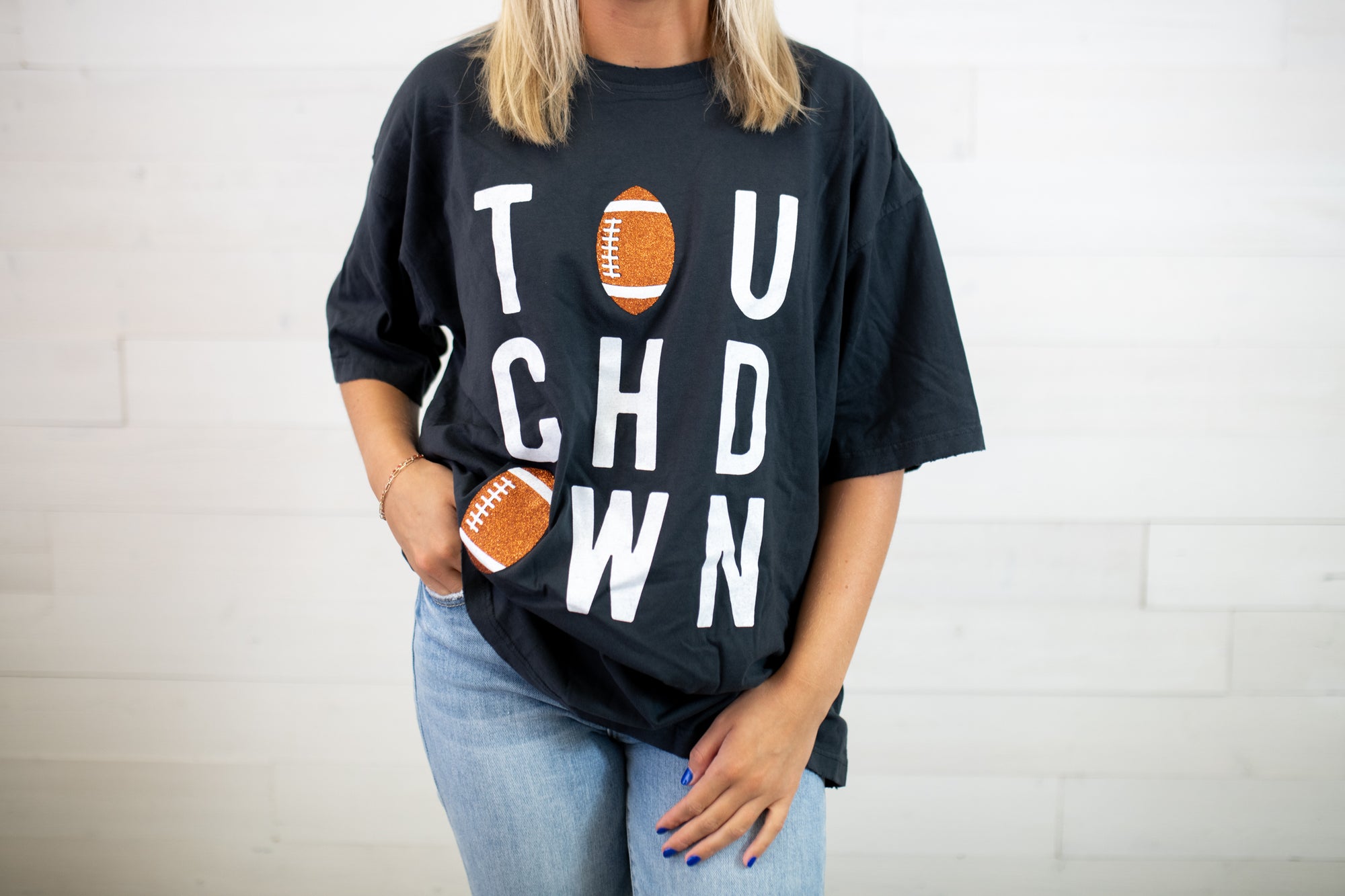 TOUCHDOWN Glitter Football Graphic Tee-Black