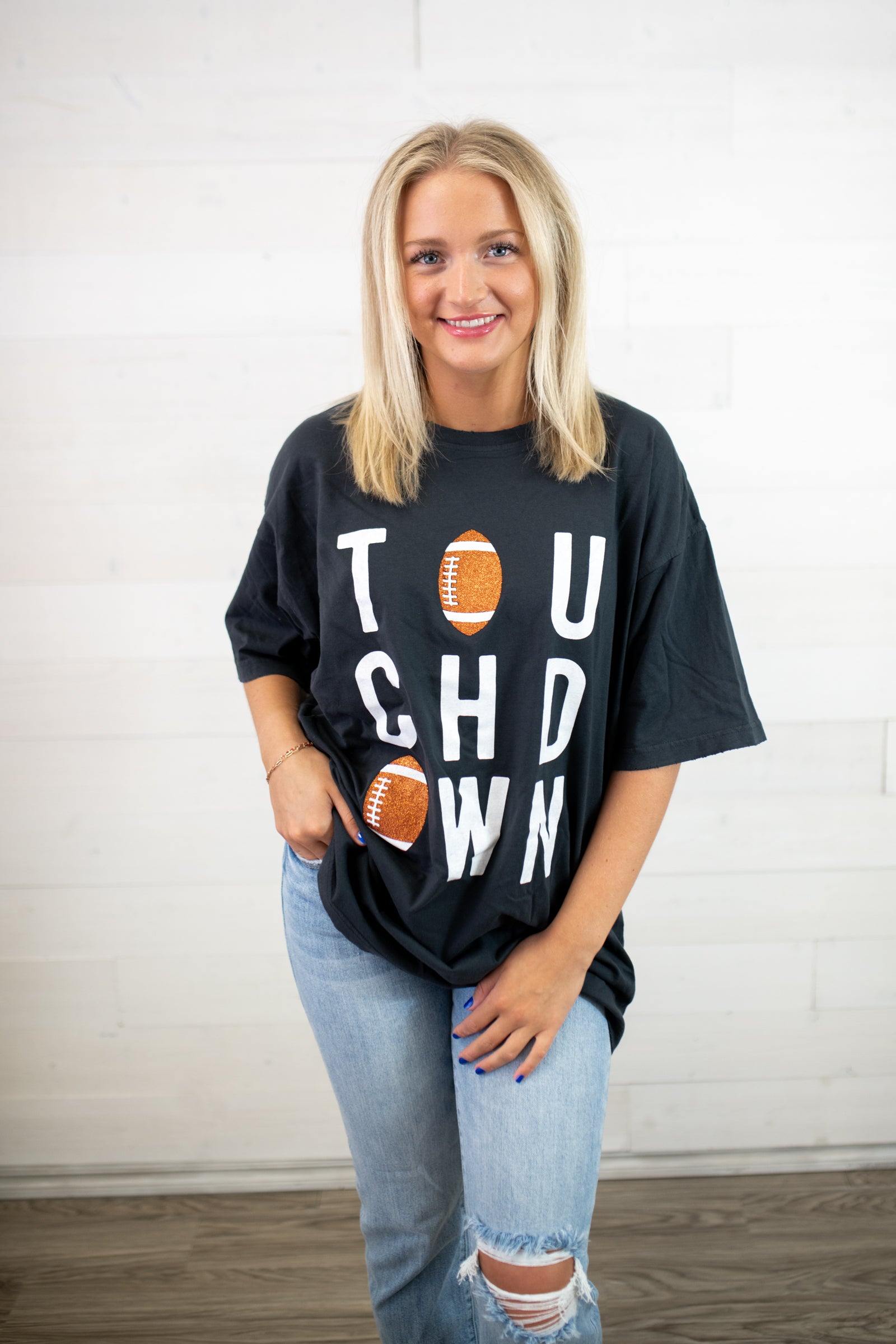 TOUCHDOWN Glitter Football Graphic Tee-Black