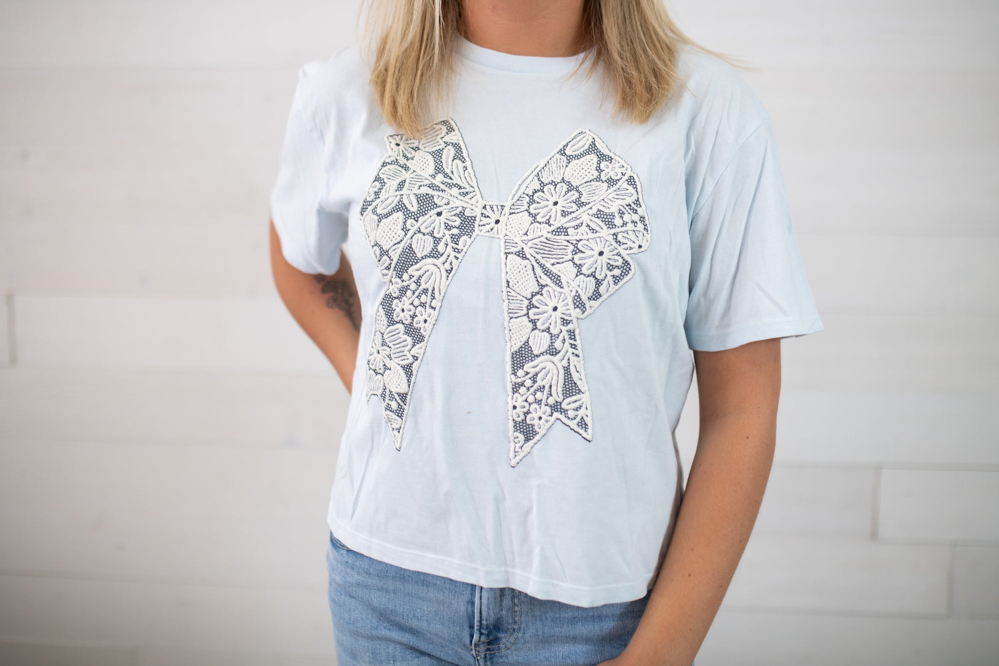 Ice Blue Crop SS Big Puff Bow Graphic Tee