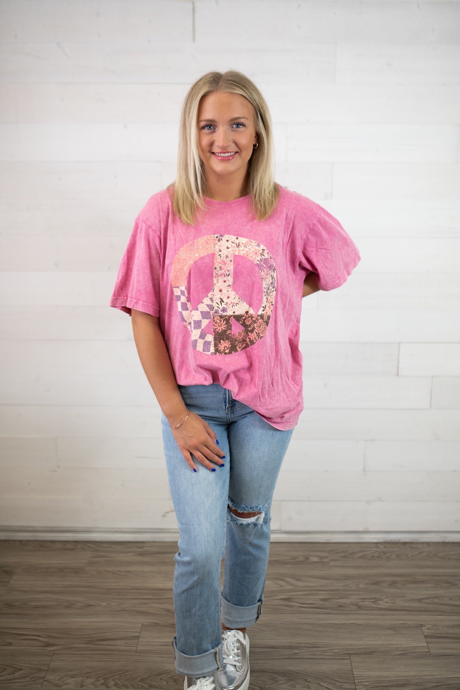 Patchwork Peace Sign SS Graphic Tee-Pink