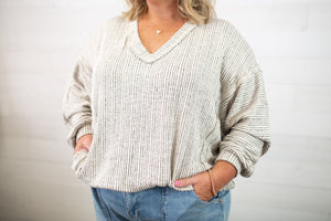 Striped Long Sleeve V-Neck Knit Top-Taupe