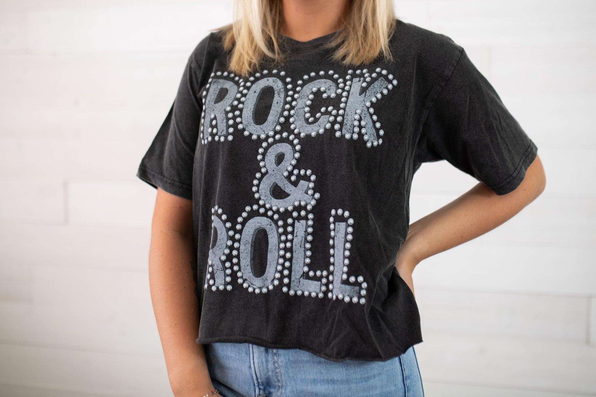 Vintage Rock N Roll Puff SS Crop Graphic Tee-Black