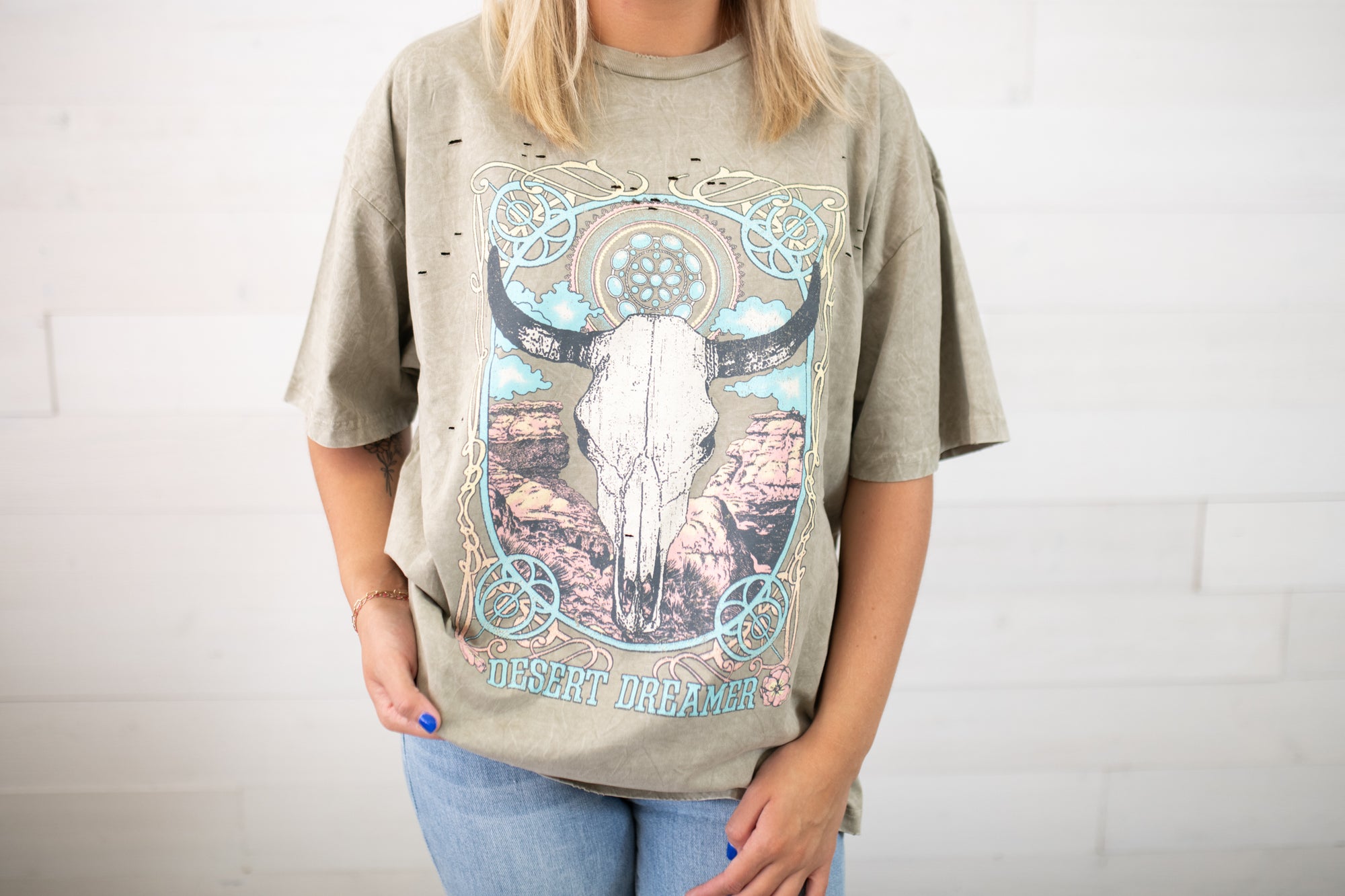 Desert Dreamer Bull Head Graphic Tee-Latte