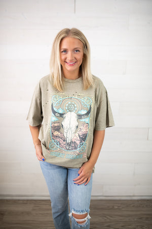 Desert Dreamer Bull Head Graphic Tee-Latte