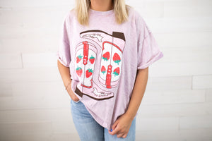 Strawberry Boots Rolled Cuff Purple Distressed Graphic Tee