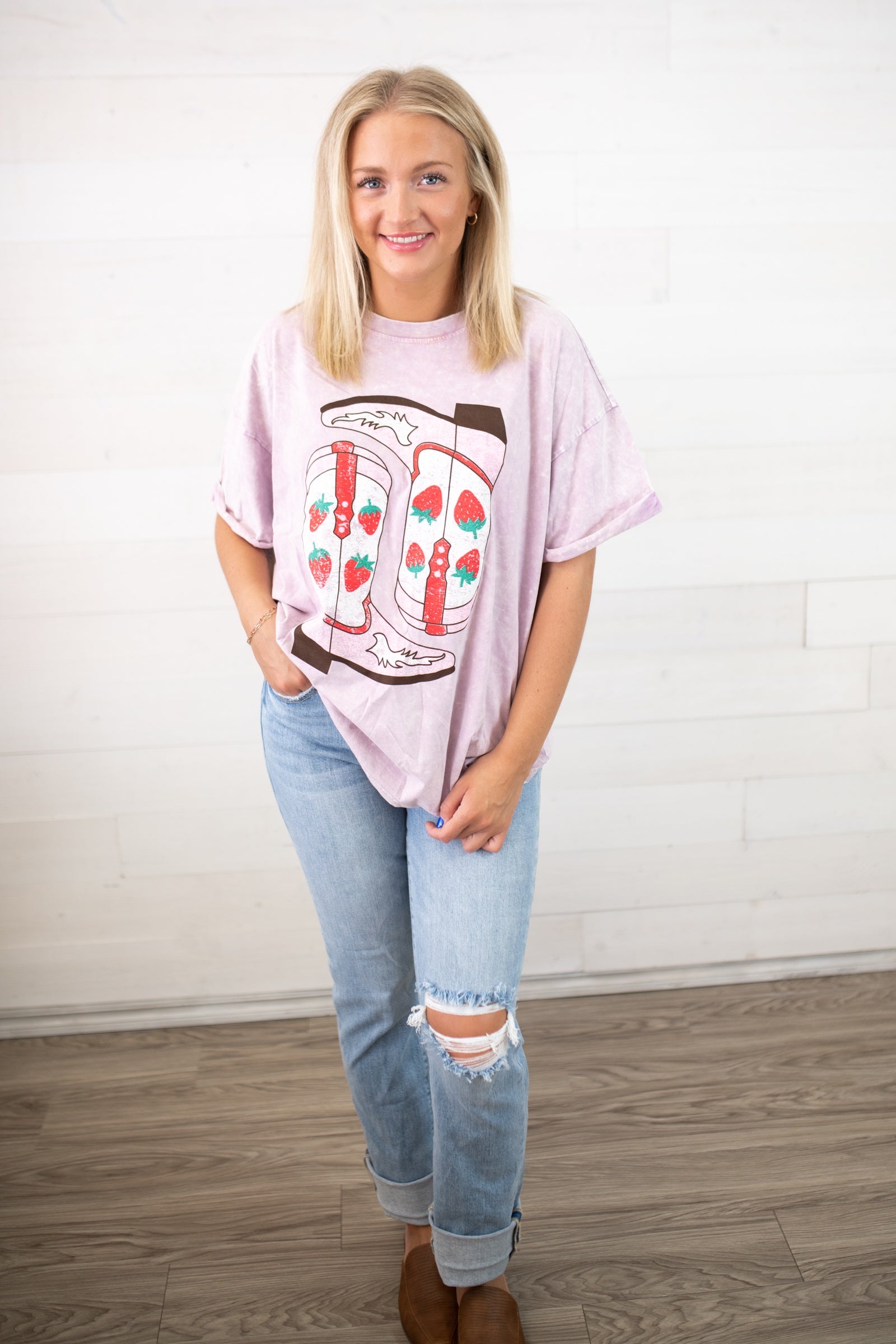 Strawberry Boots Rolled Cuff Purple Distressed Graphic Tee