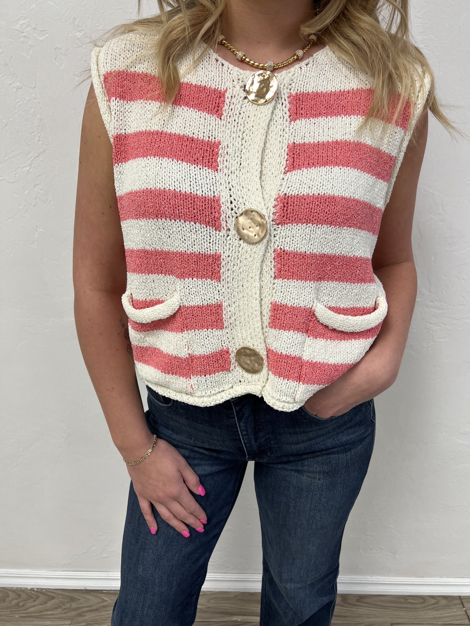 Coastal Stripe Knit Sweater Vest - Coral