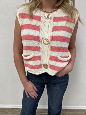 Coastal Stripe Knit Sweater Vest - Coral