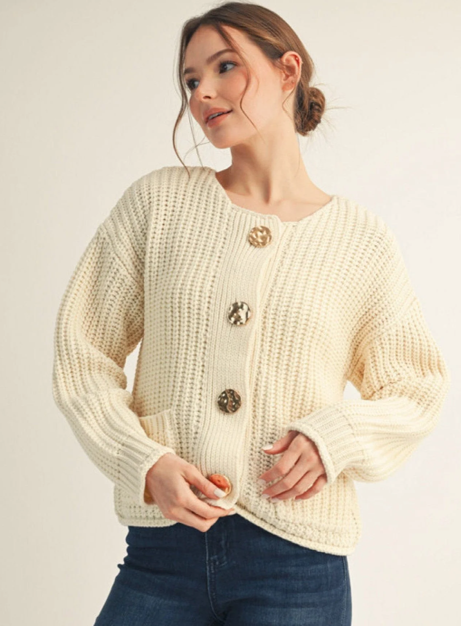 Mia Thick Cream Cardigan with Gold Buttons