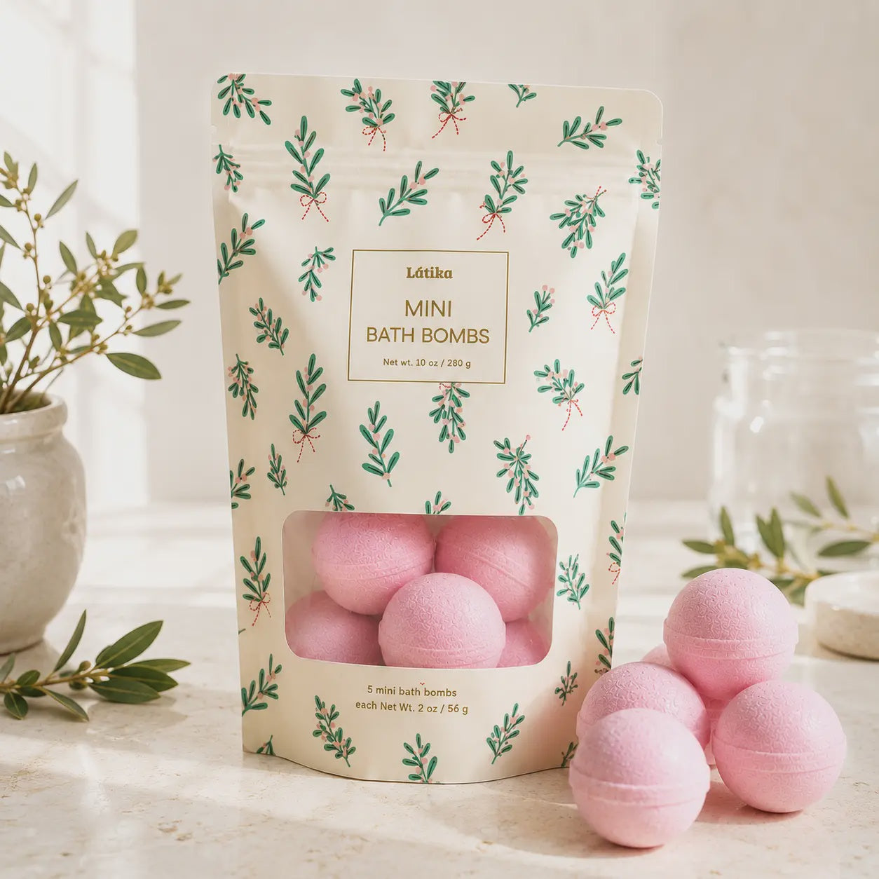 Mini Bath Bombs Gift Bag Set Christmas Holly Cranberry