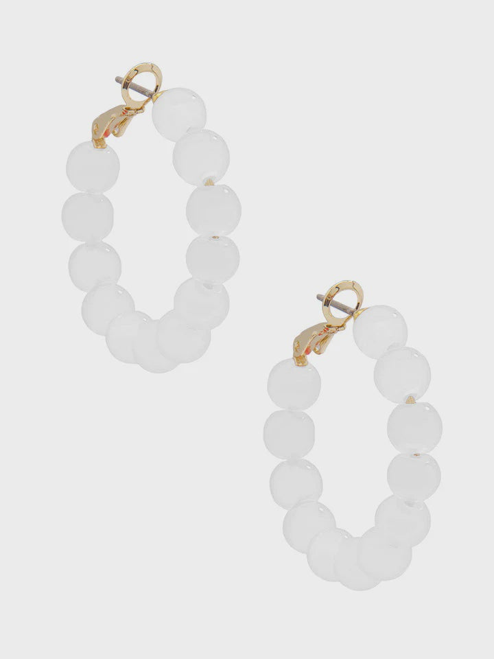 Small Beaded Glass Hoop Earring-White