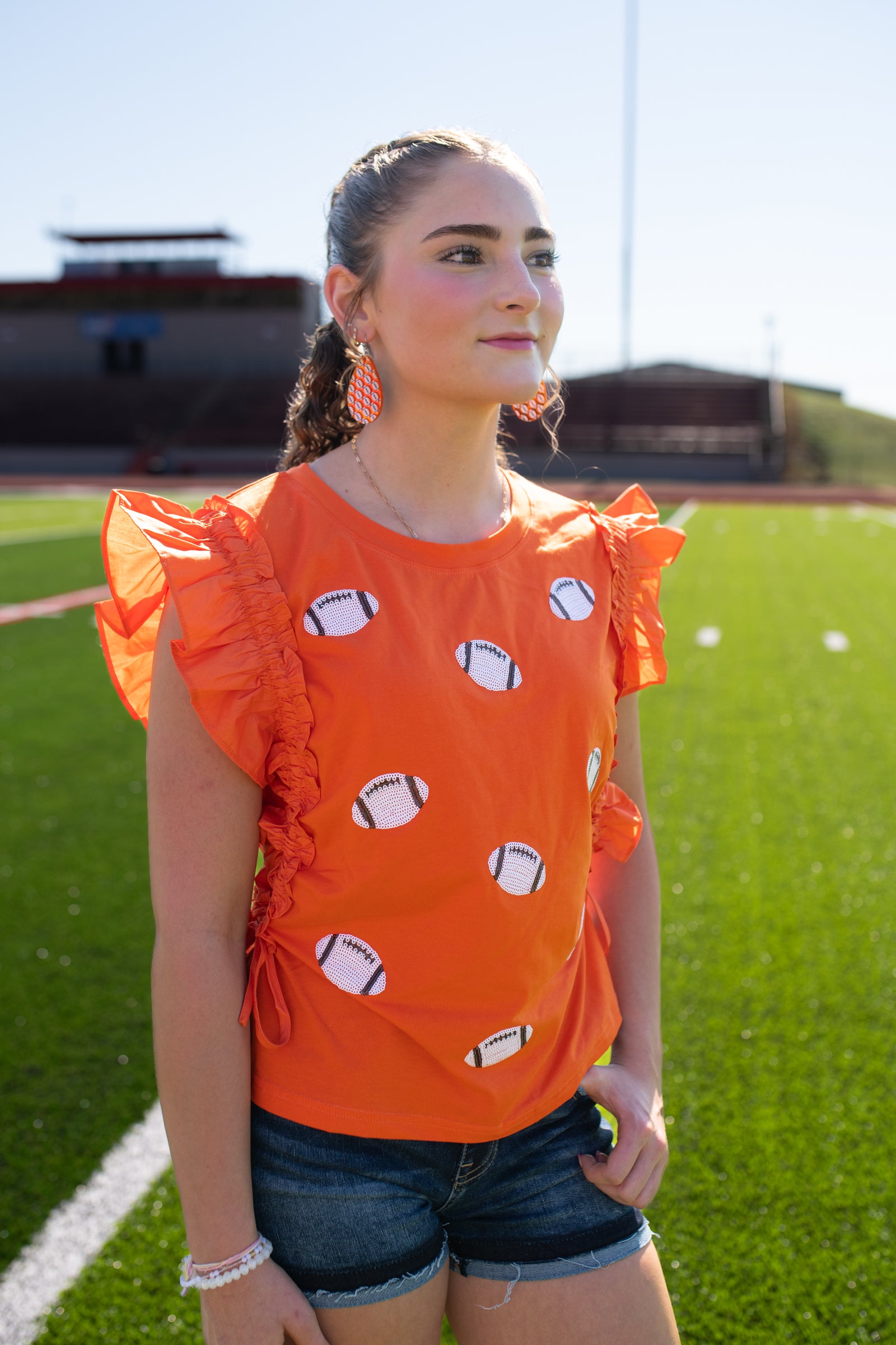 Gameday Sequin Football Top-Orange & White
