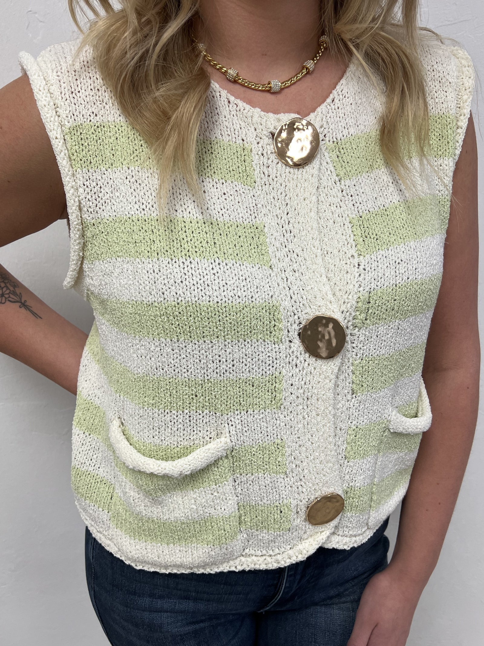 Coastal Stripe Knit Sweater Vest - Honeydew