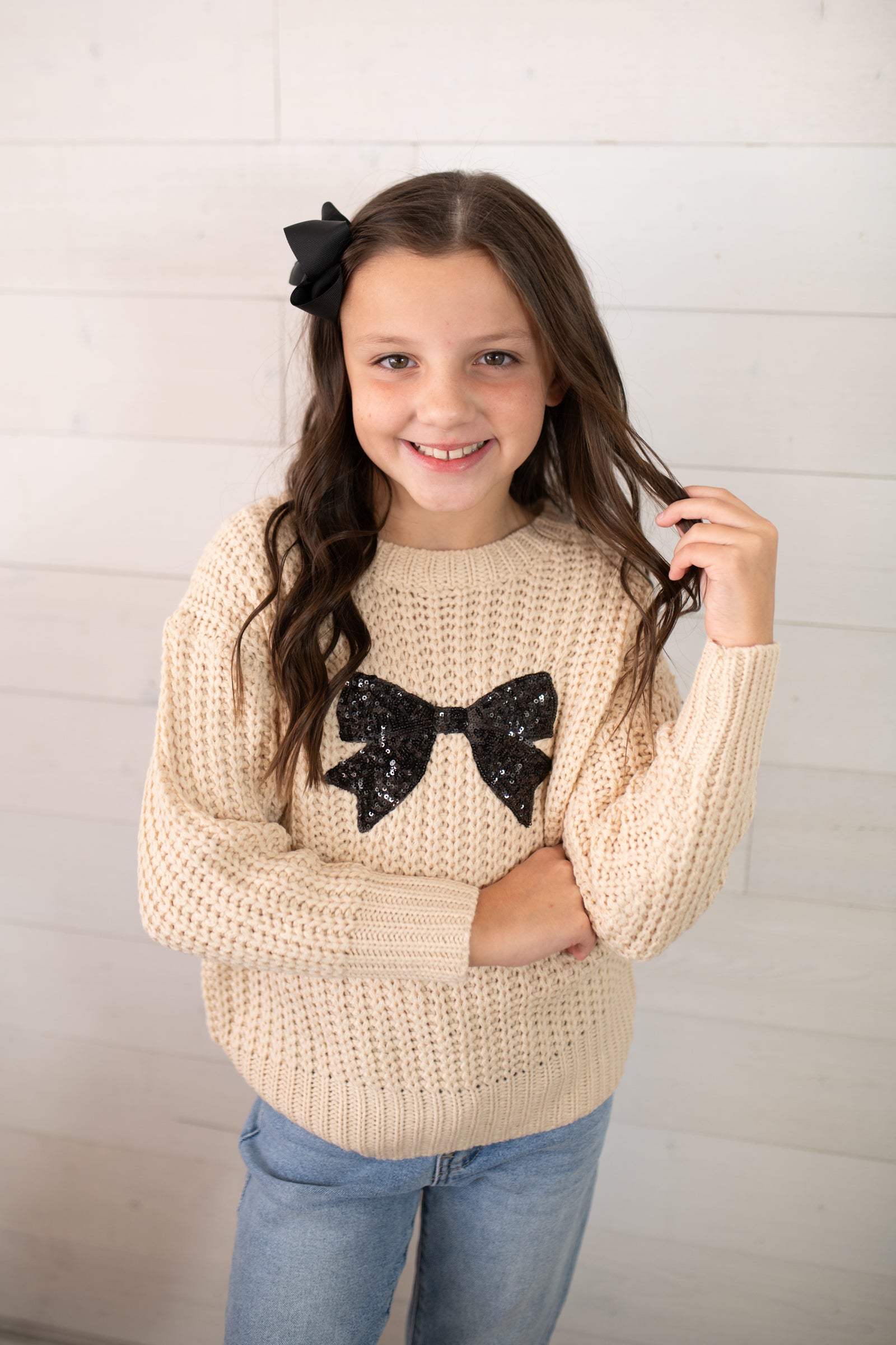 Hayden Girls Knit Sweater with Sequin Black Bow-Ivory