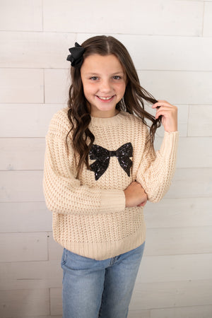 Hayden Girls Knit Sweater with Sequin Black Bow-Ivory