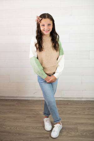 Hayden Girls Knit Sweater-Tan/White/Green