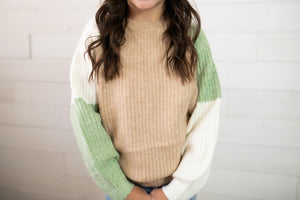 Hayden Girls Knit Sweater-Tan/White/Green