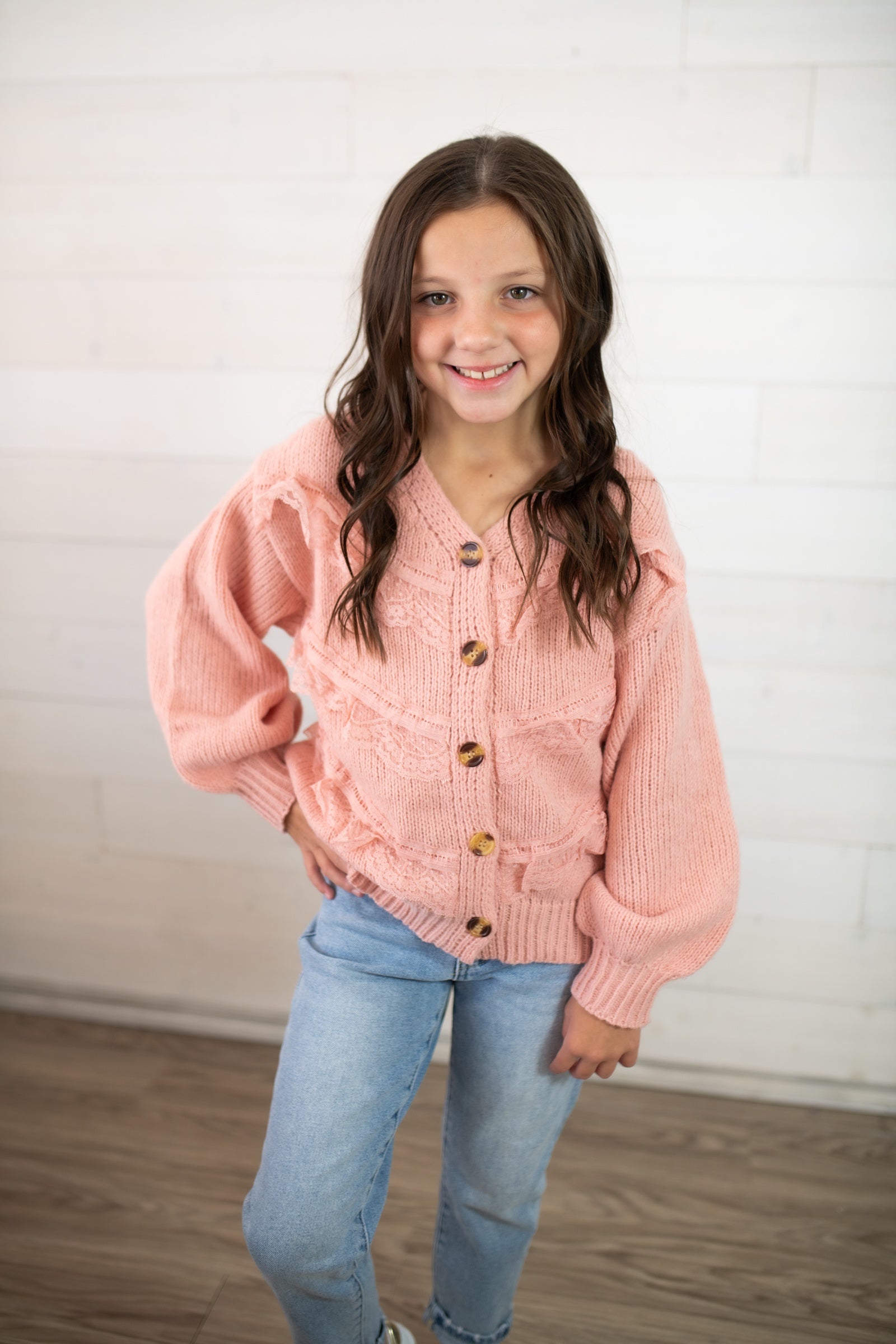 Hayden Girls Button Up Cardigan-Pink