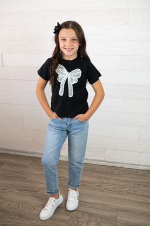 Hayden Girls SS Black Top with Pearl Bow