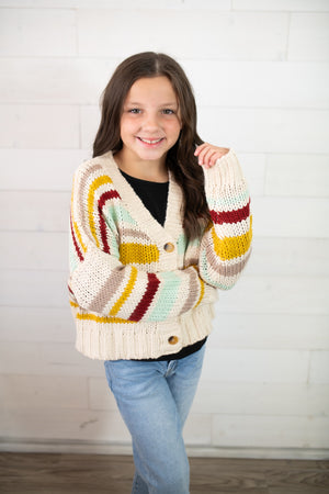 Hayden Girls Button Up Cardigan Ivory with Stripes