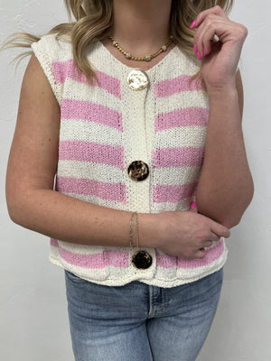 Coastal Stripe Knit Sweater Vest - Pink