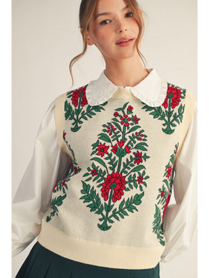 Cream Sleeveless Sweater Floral Red & Green