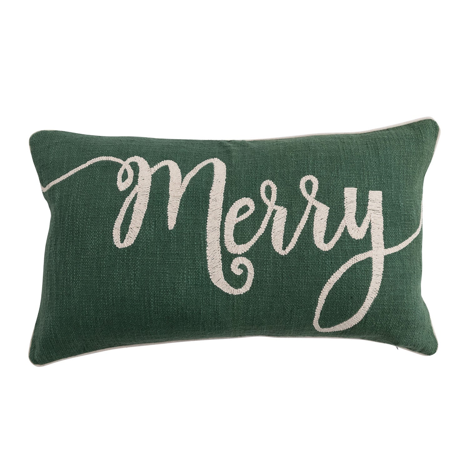 Cotton Slub Lumbar Pillow with Embroidered Merry Green & Natural