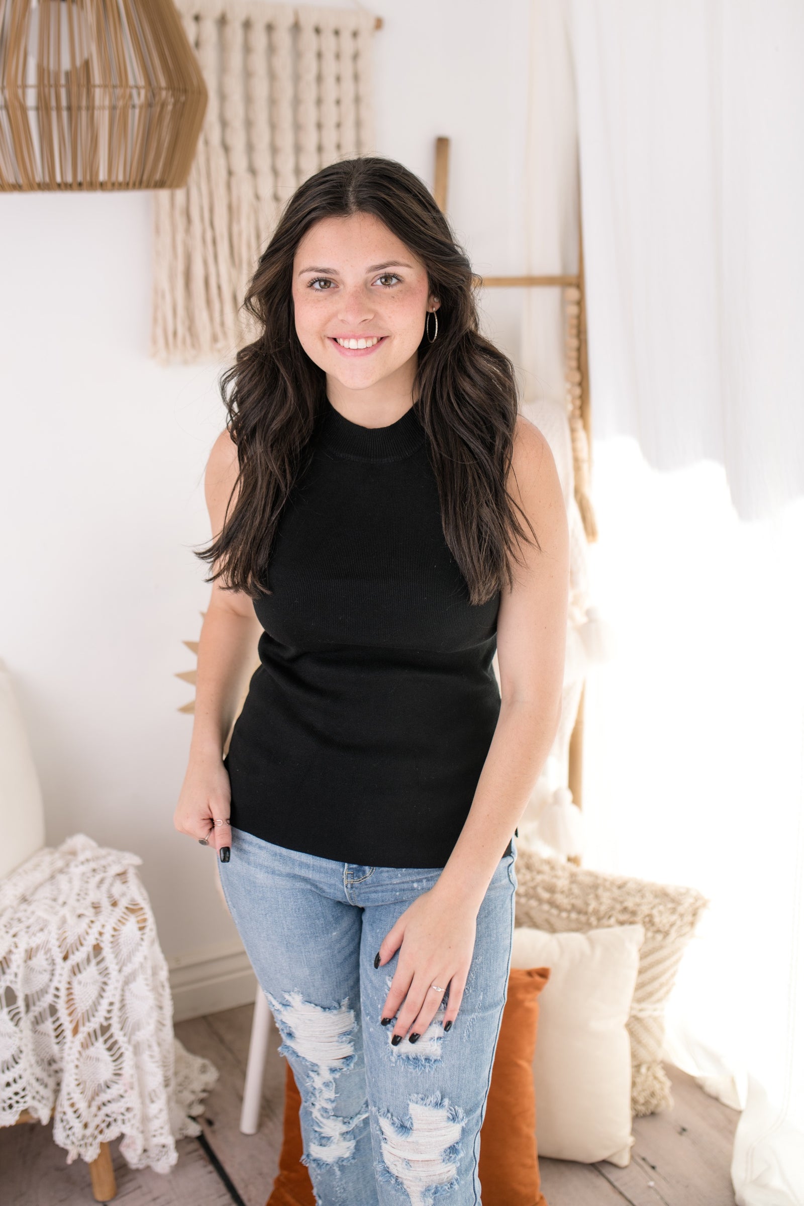 Valeria Black Mock Neck Knit Tank Top