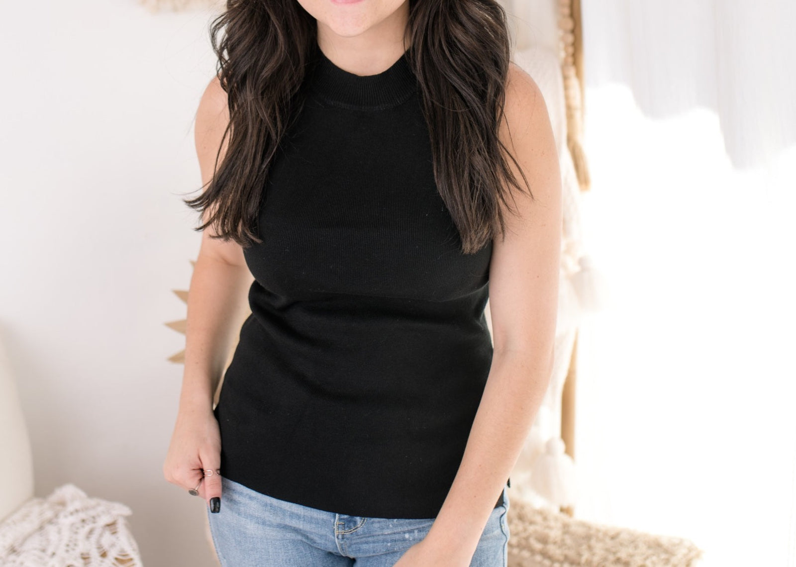 Valeria Black Mock Neck Knit Tank Top