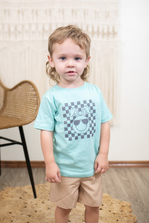 Checkered Bunny with Glasses Kid's Graphic Tee-Green