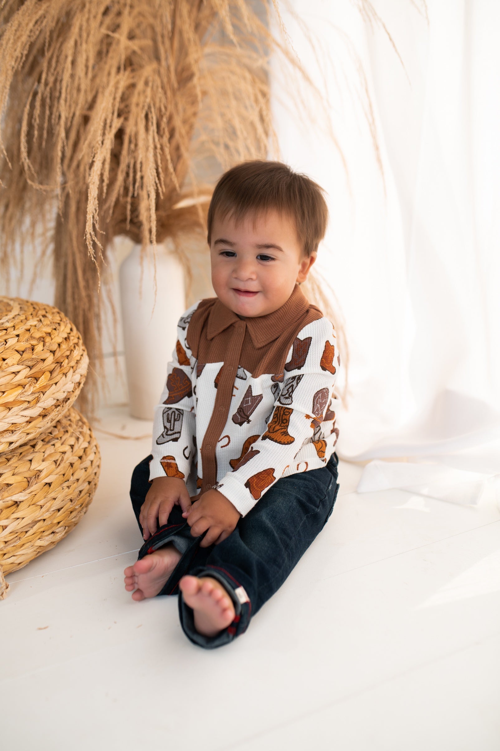 Brown Boots Cowboy Snap Button Shirt