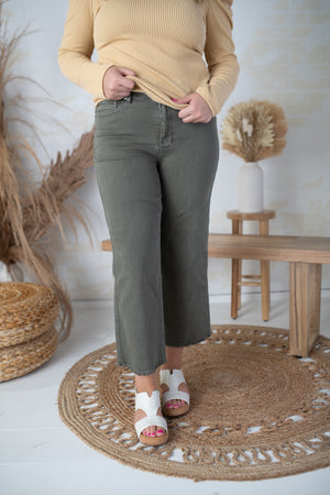 Lily High Waisted Jean's with Crop Frayed Wide Leg's-Olive