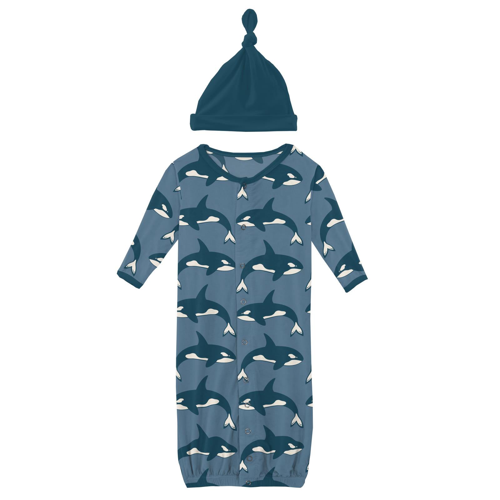 Kickee 15 Year Anniversary - Print Layette Gown Converter & Single Knot Hat Set- Blue Orcas