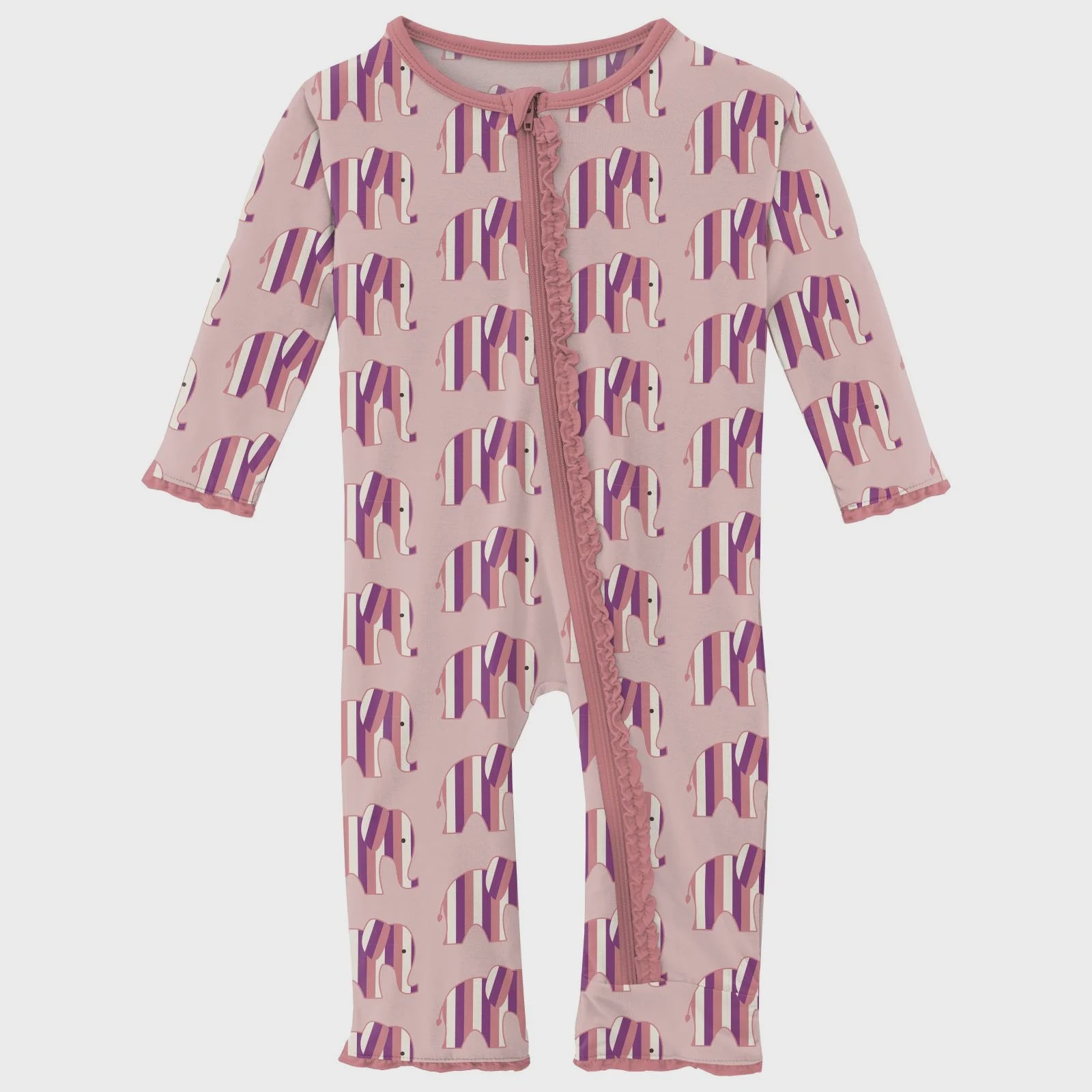 Kickee Celebrate Innocence Muffin Ruffle Coverall with Zipper - Baby Rose Elephant Stripe